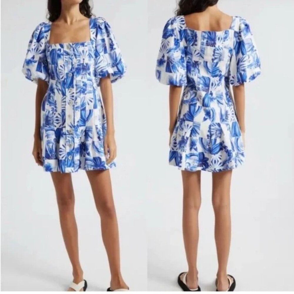 NWOT Farm Rio Mini Dress S Garden Tiles Plaid Linen Blend Puff Sleeve Blue White